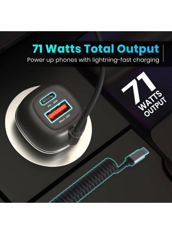 Portronics 71W Car Power 1C Triple Output Fast Car Charger with 33W Type-C Cable, 20W Type-C PD, 18W USB Port, Fast Charging Adapter Compatible with Cars for iPhone & Android Smartphone (Black) - Image 3